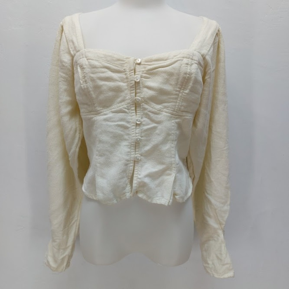 Free People Blouse Women's Small Cream Corset Button Front Puff Sleeve Tie Back